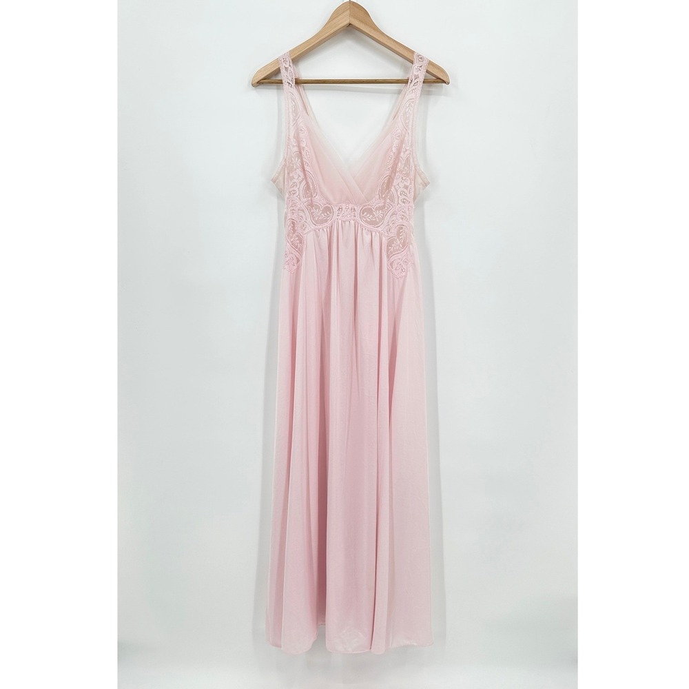 Vintage Olga Nightgown Negligee Pink Lace Nylon Bodice Maxi Sleepwear Size XL